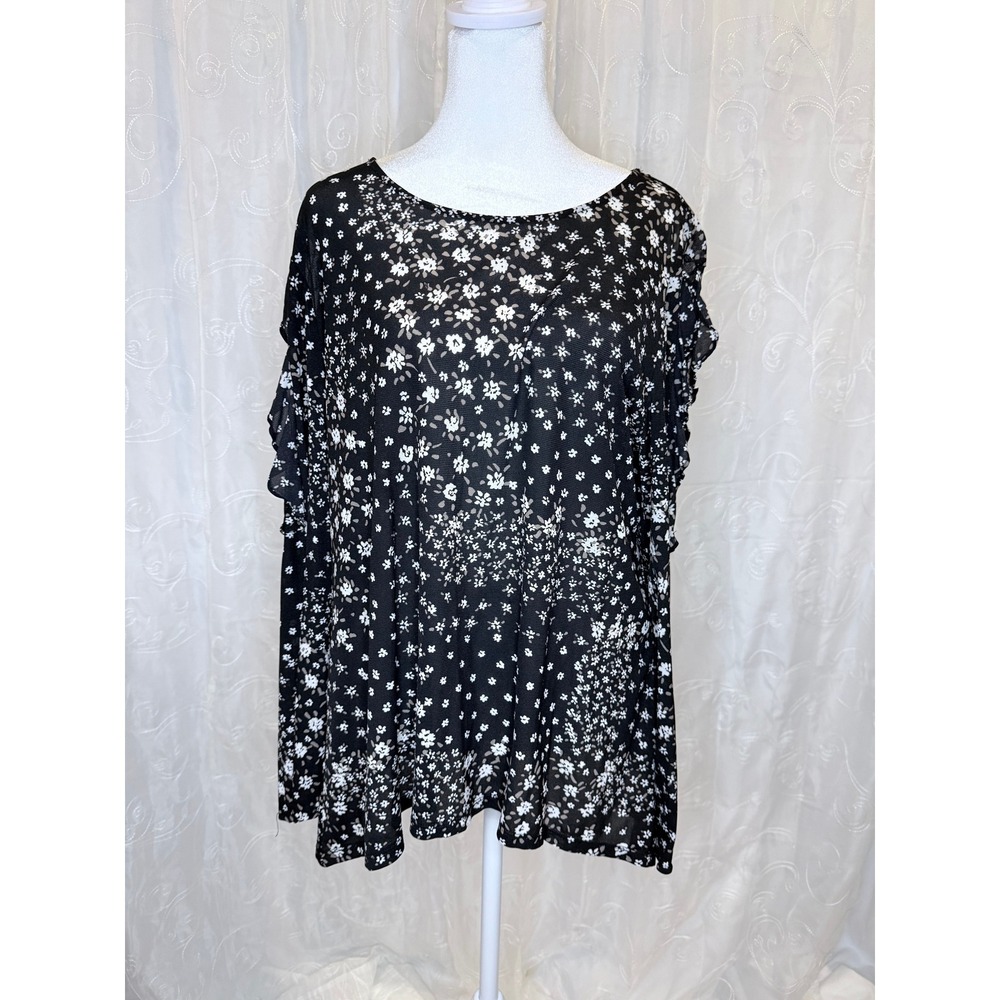 Style & Co Black Floral Mesh Long Sleeve Blouse Lace Ruffle Detail Top Large